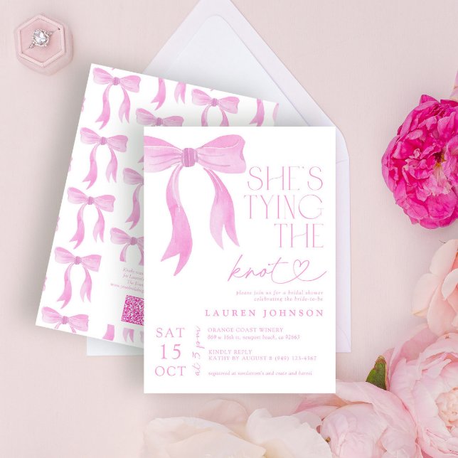 QR Code Pink Bow She's Tying the Knot Shower Invitation (Creator Uploaded)
