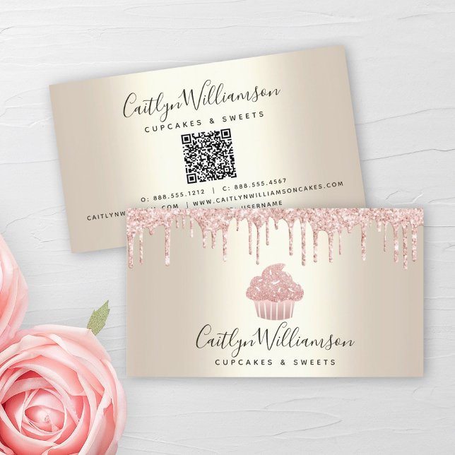 QR Code Pink Cupcake Bakery Chef Glitter Drip Gold Business Card (Creator Uploaded)
