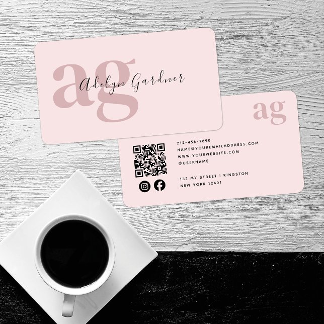 QR Code Pink Monogram Script Social Media Business Card (Creator Uploaded)