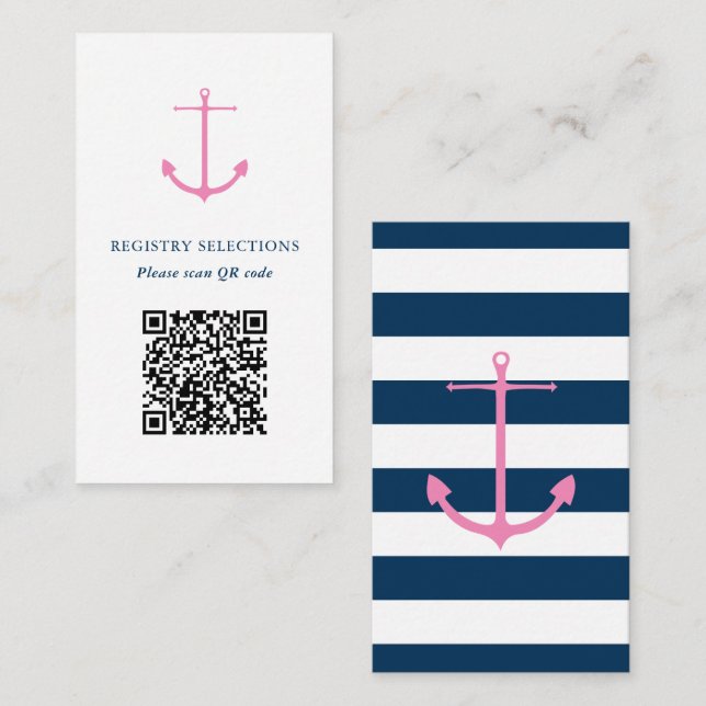 QR code Pink Navy Nautical Bridal Shower Registry Enclosure Card (Front/Back)