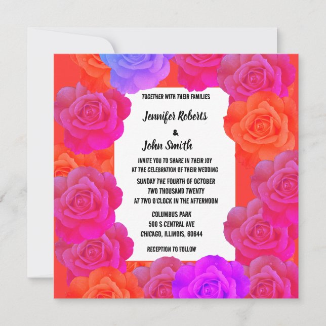 QR Code Pink Orange Purple Floral Roses Wedding (Front)