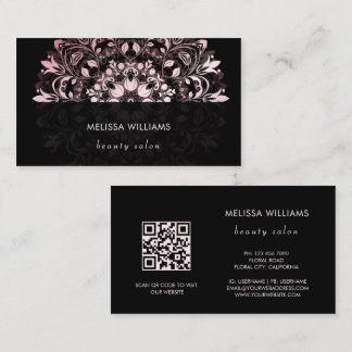 QR Code | Pink Shiny Black Floral Mandala Business Card