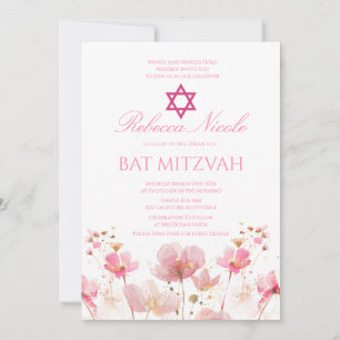 QR Code Pink Watercolor Floral Bat Mitzvah  Invitation