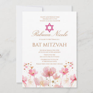 QR Code Pink Watercolor Floral Bat Mitzvah  Invitation