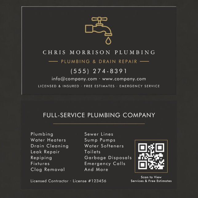 QR Code Plumbing  Service Black & Gold  Business Card (Creator Uploaded)