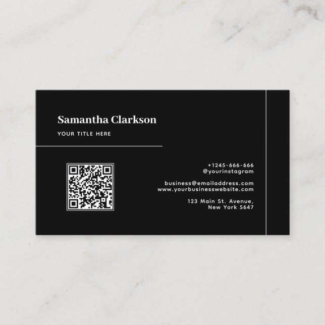 QR Code Professional Minimalist Black Clean Lines Business Card (Front)
