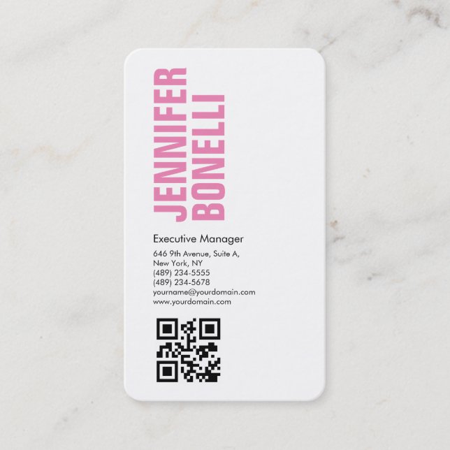 QR code professional minimalist bold pink white Business Card (Front)