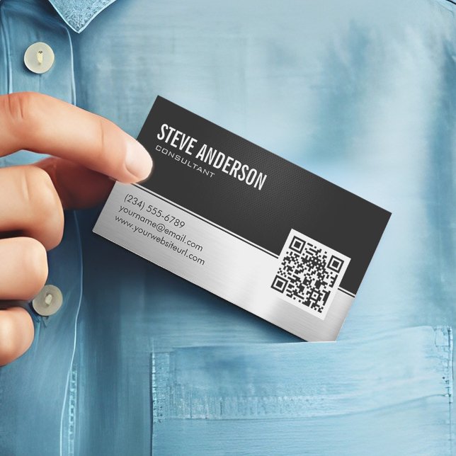 QR Code Professional Modern Black Silver Magnetic Business Card (Creator Uploaded)