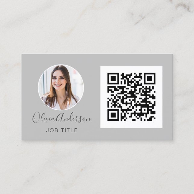 QR Code Professional Photo Silver Grey Business Ca Business Card (Front)