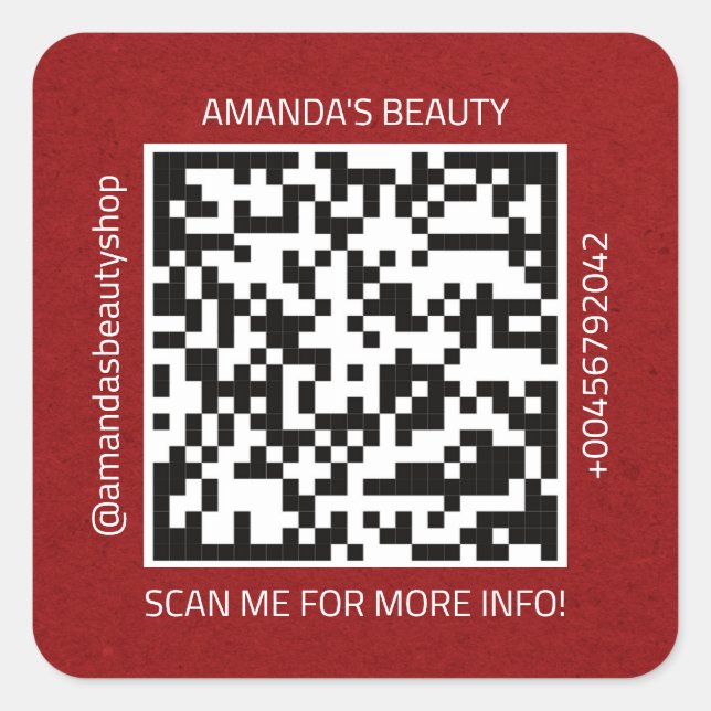 QR Code Promotional Name Contact Web Kraft Red Square Sticker (Front)