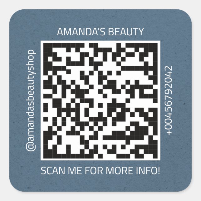 QR Code Promotional Name Contact Web Natural Blue Square Sticker (Front)