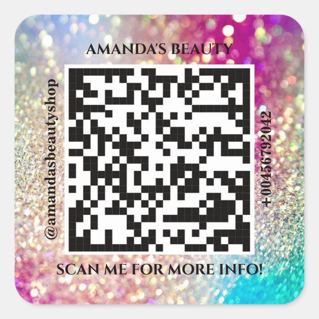 QR Code Promotional Name Web Holograph Glitter Square Sticker (Front)