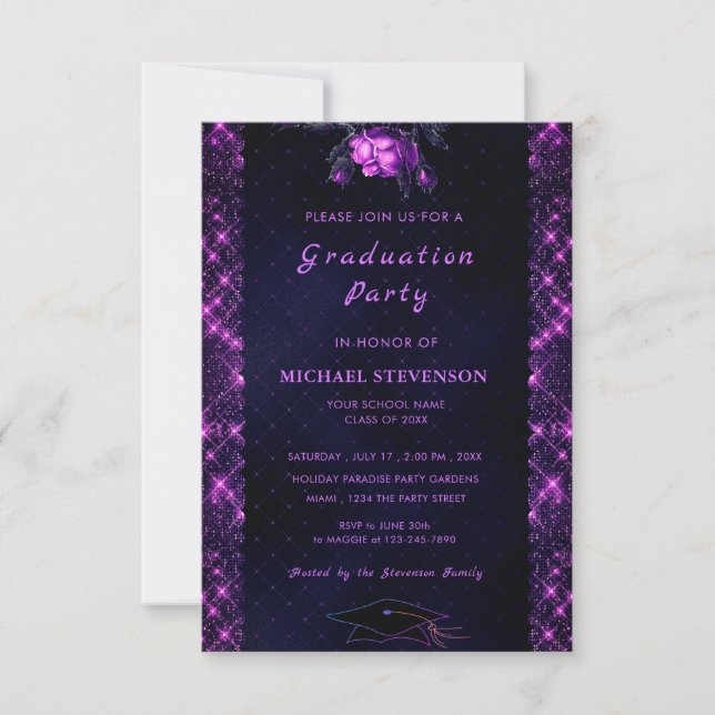 QR Code Purple Black Graduation Party Invitation (Devant)