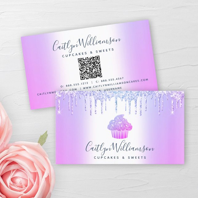 QR Code Purple Cupcake Bakery Pastry Glitter Drips Business Card (Creator Uploaded)