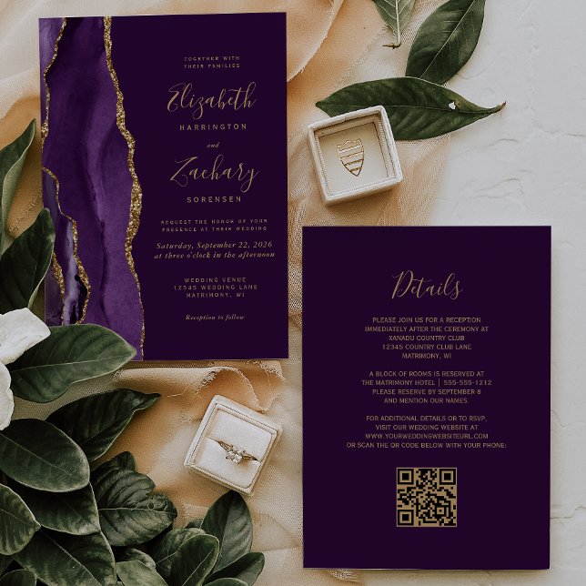 QR Code Purple Gold Agate Plum Wedding Invitation (Creator Uploaded)