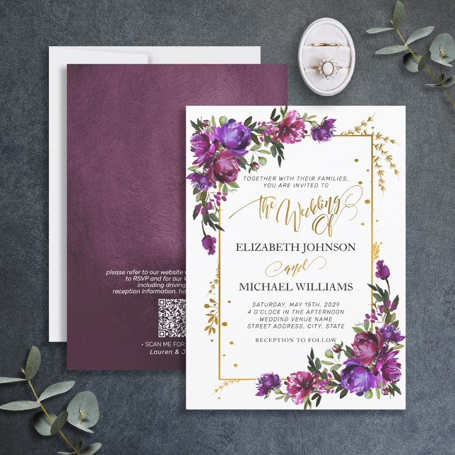 QR Code Purple Hot Pink Floral Gold Script Invitation (Creator Uploaded)