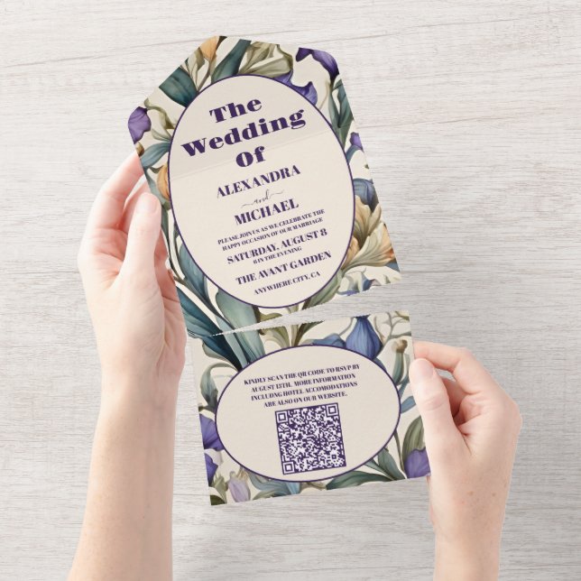QR Code Purple Iris Art Nouveau Wedding All In One Invitation (Tearaway)