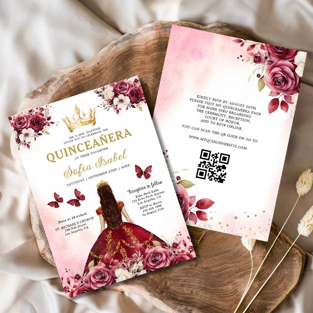 QR Code Quinceanera Floral Burgundy Princess  Invitation (Creator Uploaded)