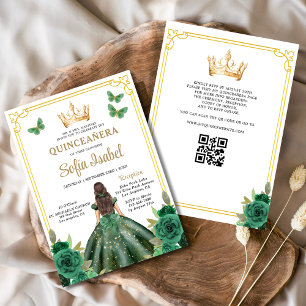 QR Code Quinceanera Floral Emerald Green Gold  Invitation