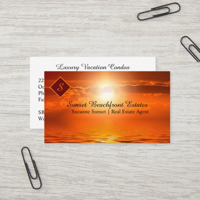 QR Code Real Estate Monogram Orange Sunset Business Card (Front/Back In Situ)