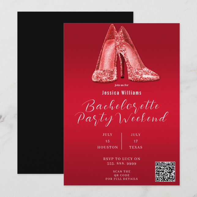 QR CODE Red Glitter Shoes Bachelorette Invitation (Front/Back)