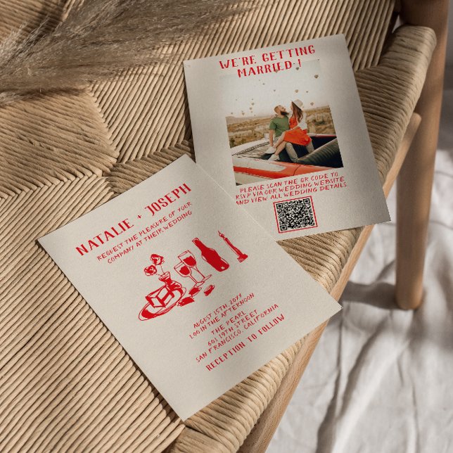 QR Code Red Hand Drawn Scribble Quirky  Wedding Invitation (Creator Uploaded)
