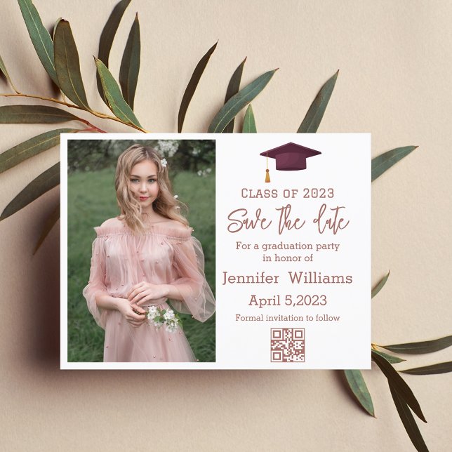 qr code red photo save the date graduation  announcement postcard (Creator Uploaded)