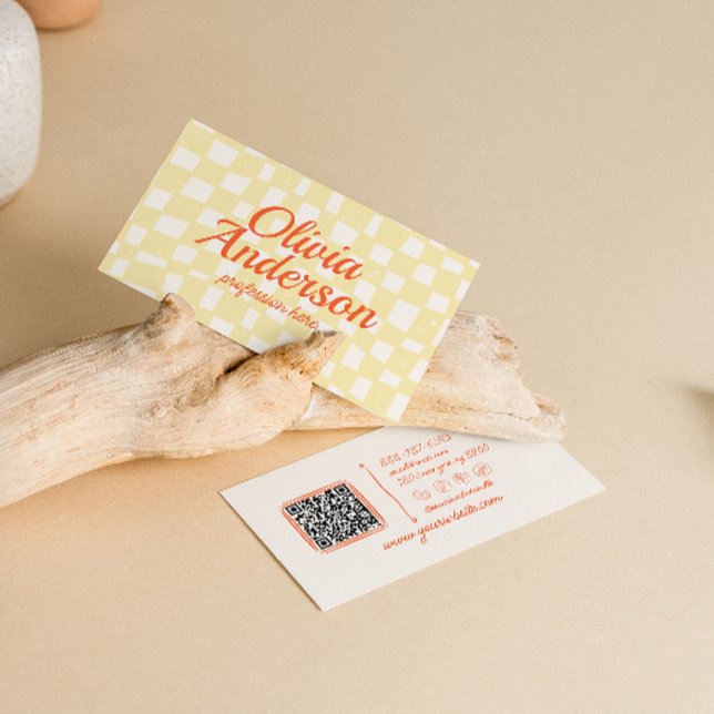 QR Code Retro Colourful Hand Drawn Chequered Groov Business Card (Creator Uploaded)