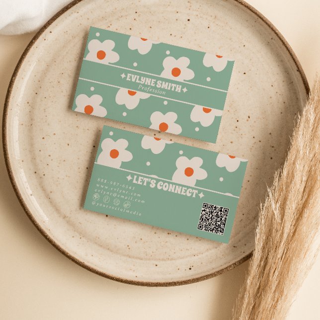 QR Code Retro Green Groovy Floral Boho Unique Fun Business Card (Creator Uploaded)