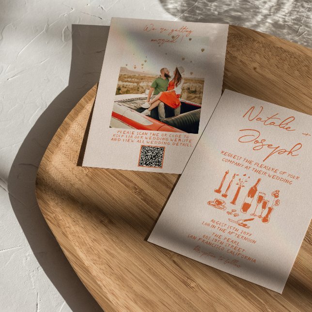 QR Code Retro Hand Drawn Colourful Photo Wedding Invitation (Creator Uploaded)