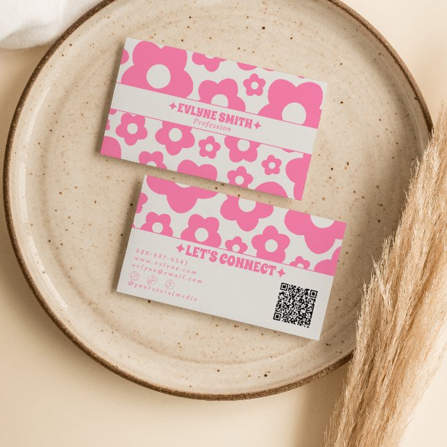QR Code Retro Pink Groovy Floral Boho Girly Trendy Business Card (Creator Uploaded)