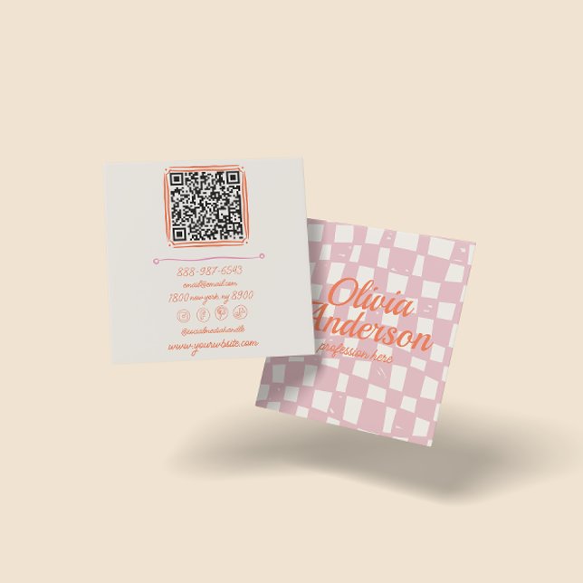 QR Code Retro Pink Orange Drawn Chequered Girly Square Business Card (Creator Uploaded)