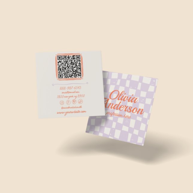 QR Code Retro Purple Hand Drawn Chequered Girly  Square Business Card (Creator Uploaded)