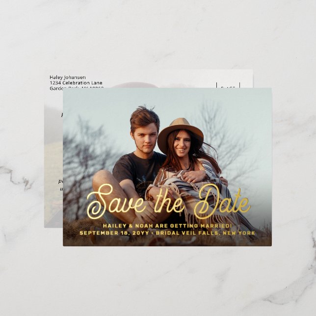 QR Code Retro Script 2 Photo Wedding Save the Date Foil Invitation Postcard (Front/Back)