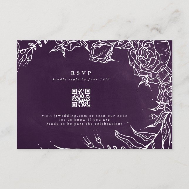 QR Code Romantic Flower Wreath Purple Wedding RSVP Card (Front)