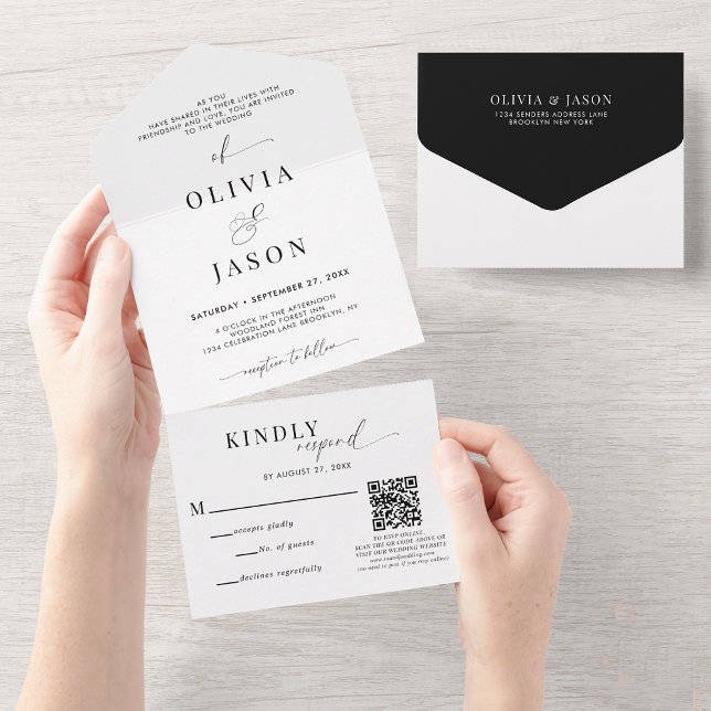 QR Code Romantic Script Black White Wedding Rsvp All In One Invitation (Creator Uploaded)