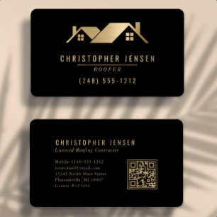 QR Code Roofing Business Black Gold Rounded Card