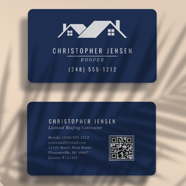 QR Code Roofing Business Navy Blue Grey Rounded Card (Creator Uploaded)