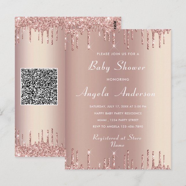 QR Code Rose Gold Baby Boy Shower Invitation Card (Front/Back)