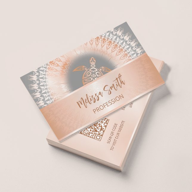 QR Code | Rose Gold  Mandala Turtle Business Card (Creator Uploaded)