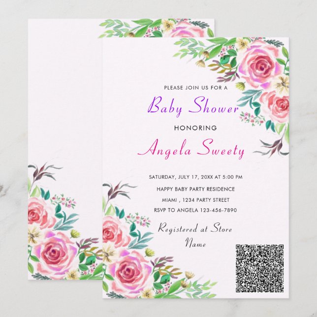 QR Code Roses Baby Shower Invitation (Front/Back)
