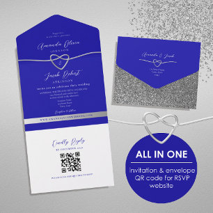 QR Code Royal Blue Silver Glitter Wedding All In One Invitation