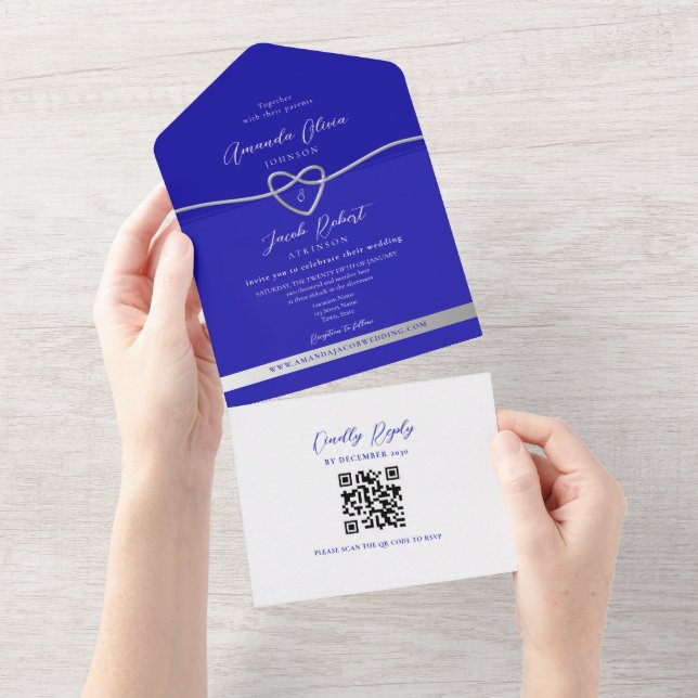 QR Code Royal Blue Silver Glitter Wedding All In One Invitation (Tearaway)