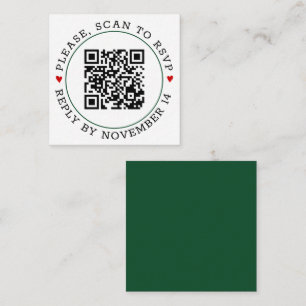 QR code RSVP and red hearts emerald green wedding Enclosure Card