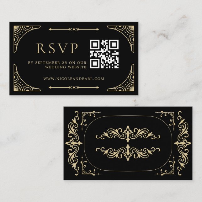Qr Code RSVP Black Elegant Deco Gold Retro Wedding Enclosure Card (Front/Back)