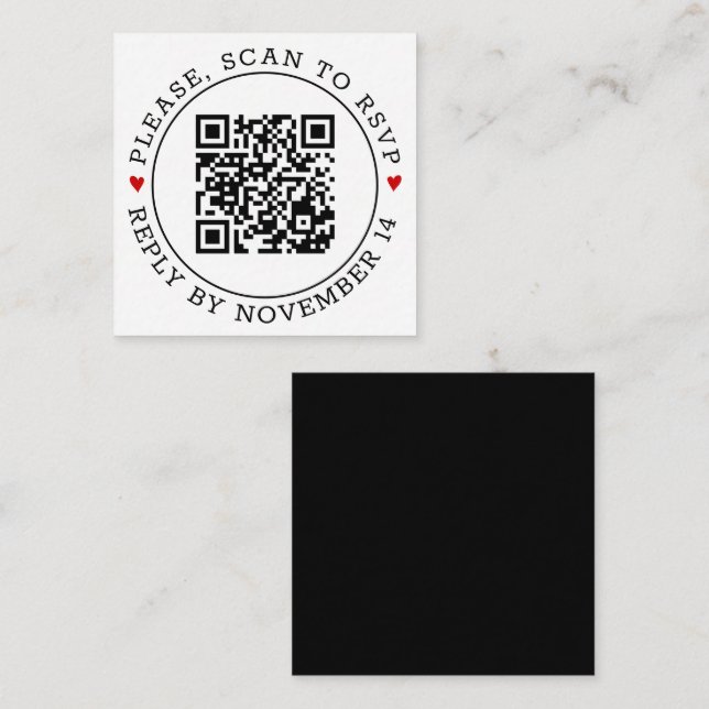 QR code RSVP border and hearts black white wedding Enclosure Card (Front/Back)