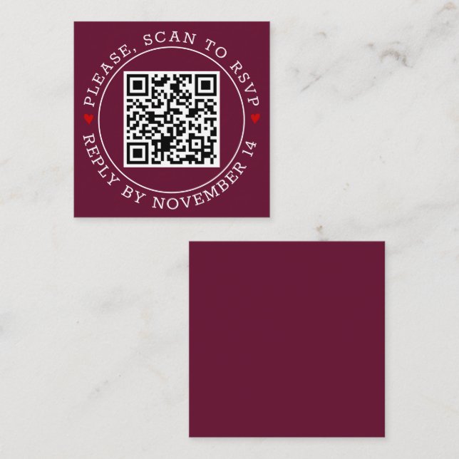 QR code RSVP border and hearts burgundy wedding Enclosure Card (Front/Back)