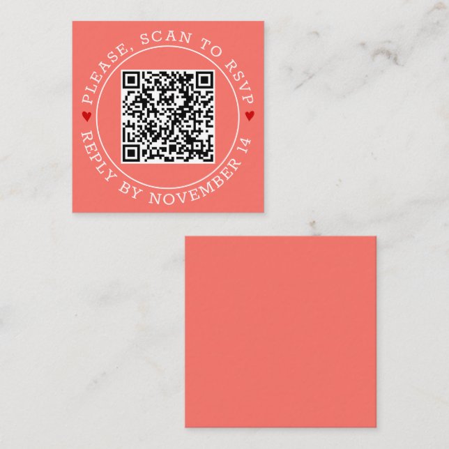 QR code RSVP border and hearts coral wedding Enclosure Card (Front/Back)