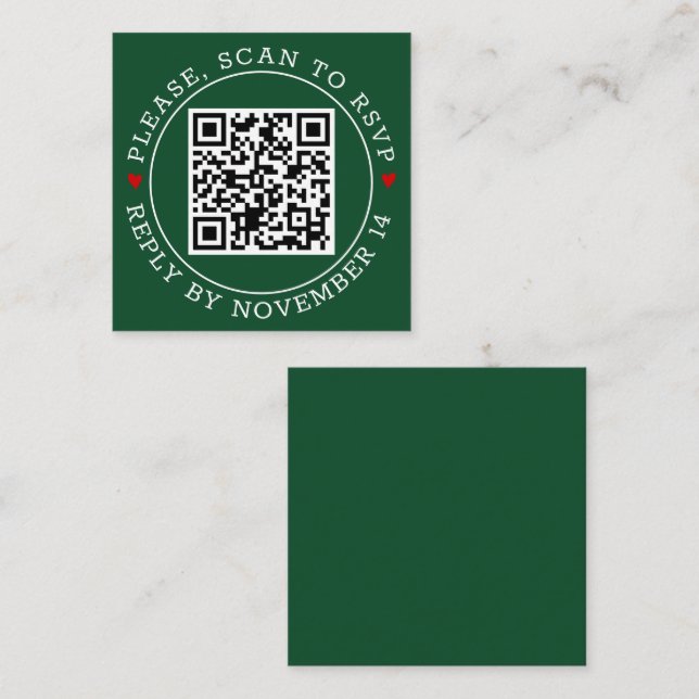 QR code RSVP border, hearts emerald green wedding Enclosure Card (Front/Back)