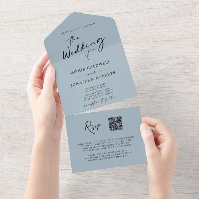 QR Code RSVP Calligraphy Light Dusty Blue Wedding All In One Invitation (Tearaway)